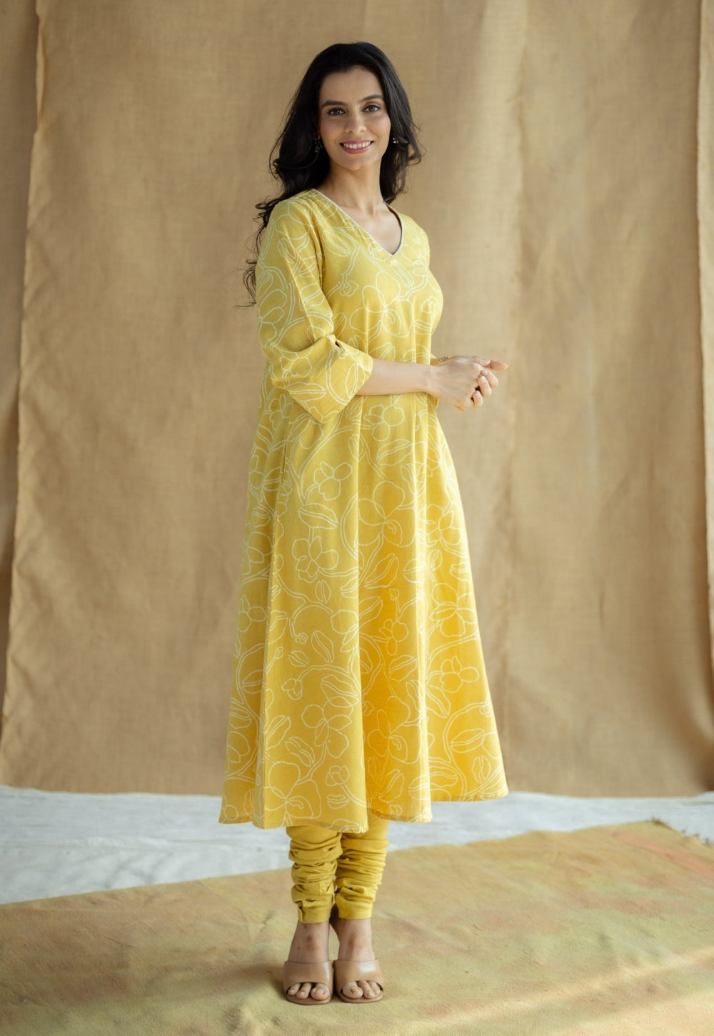 Zoya Mustard Hand Block Print Slub Cotton A Line Kurta with Hand Embroidery