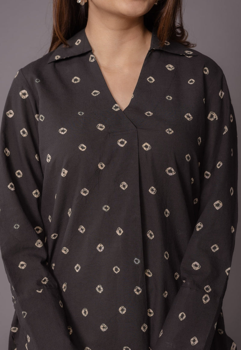 Zohal Black Bandhani Cotton Straight Short Top
