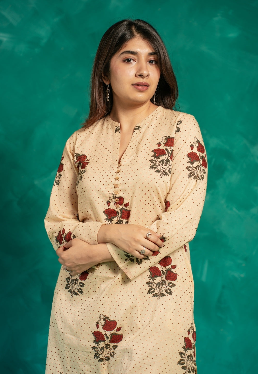Insiya Beige Bagru Cotton Straight Short Top