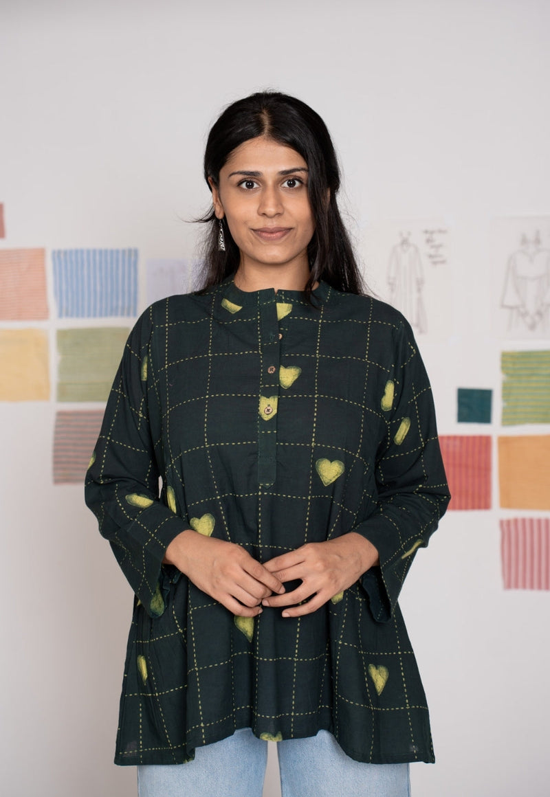 Rivana Green Dabu Cotton A Line Short Top
