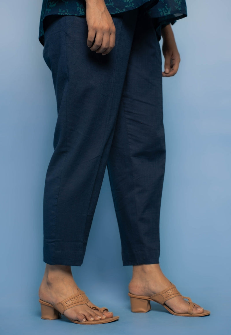 Aafiya Blue Dabu Mul Cotton A Line Short Top