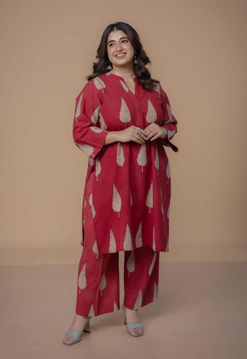 Nysa Red Dabu Slub Cotton Straight Co-Ord Set