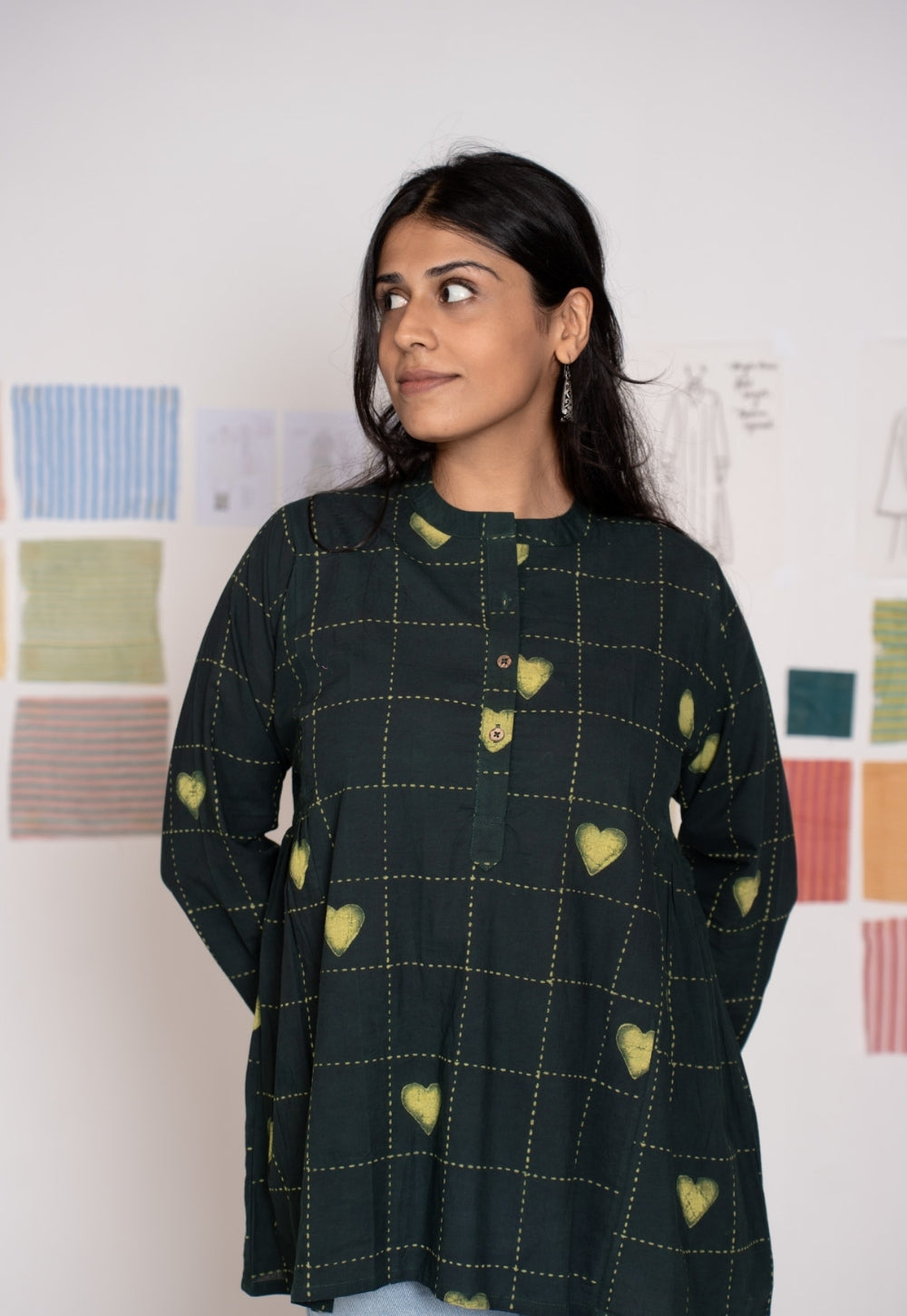 Rivana Green Dabu Cotton A Line Short Top