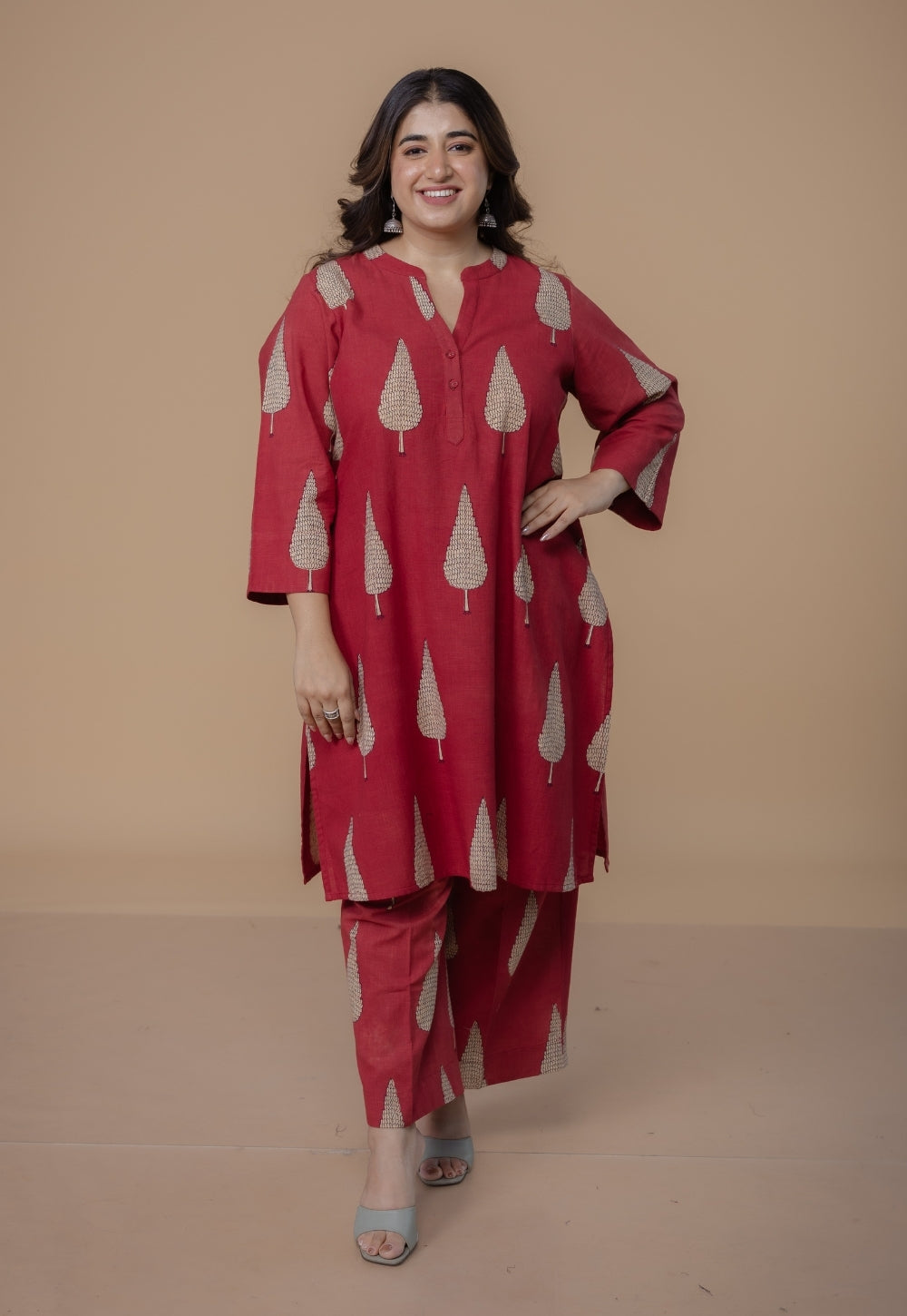 Nysa Red Dabu Slub Cotton Straight Co-Ord Set