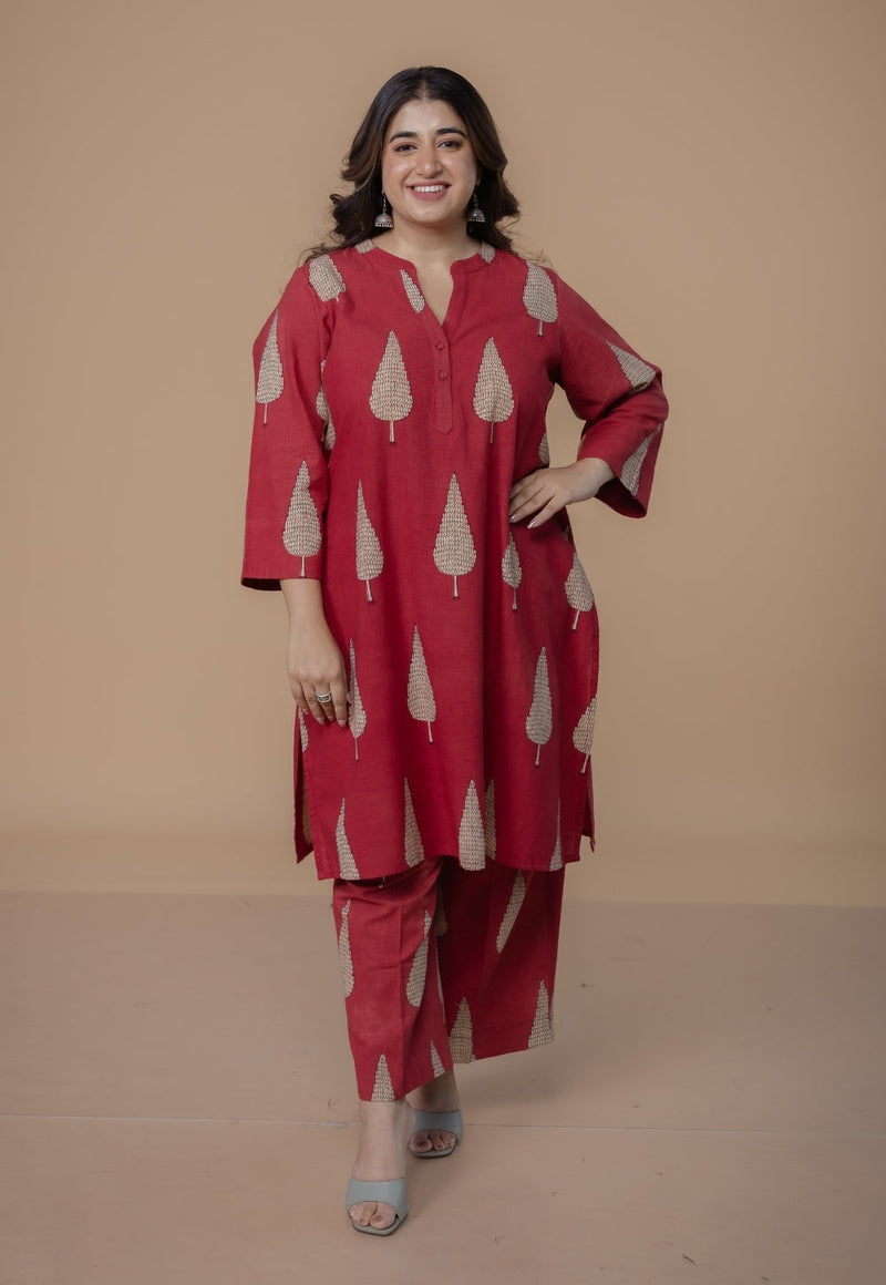 Nysa Red Dabu Slub Cotton Straight Co-Ord Set
