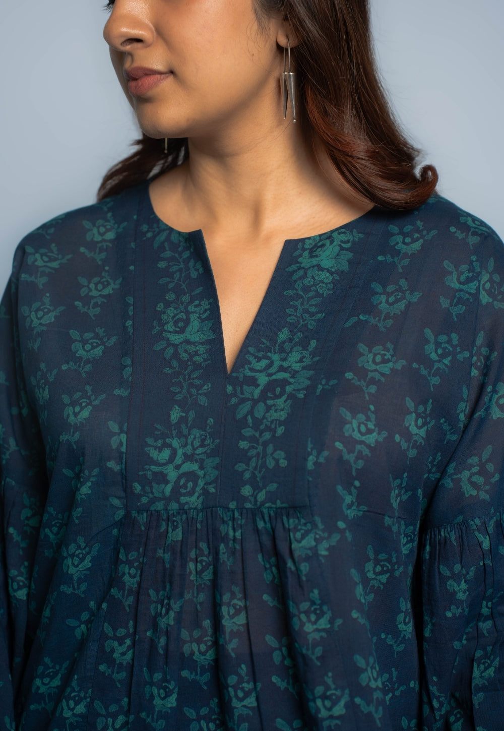 Aafiya Blue Dabu Mul Cotton A Line Short Top