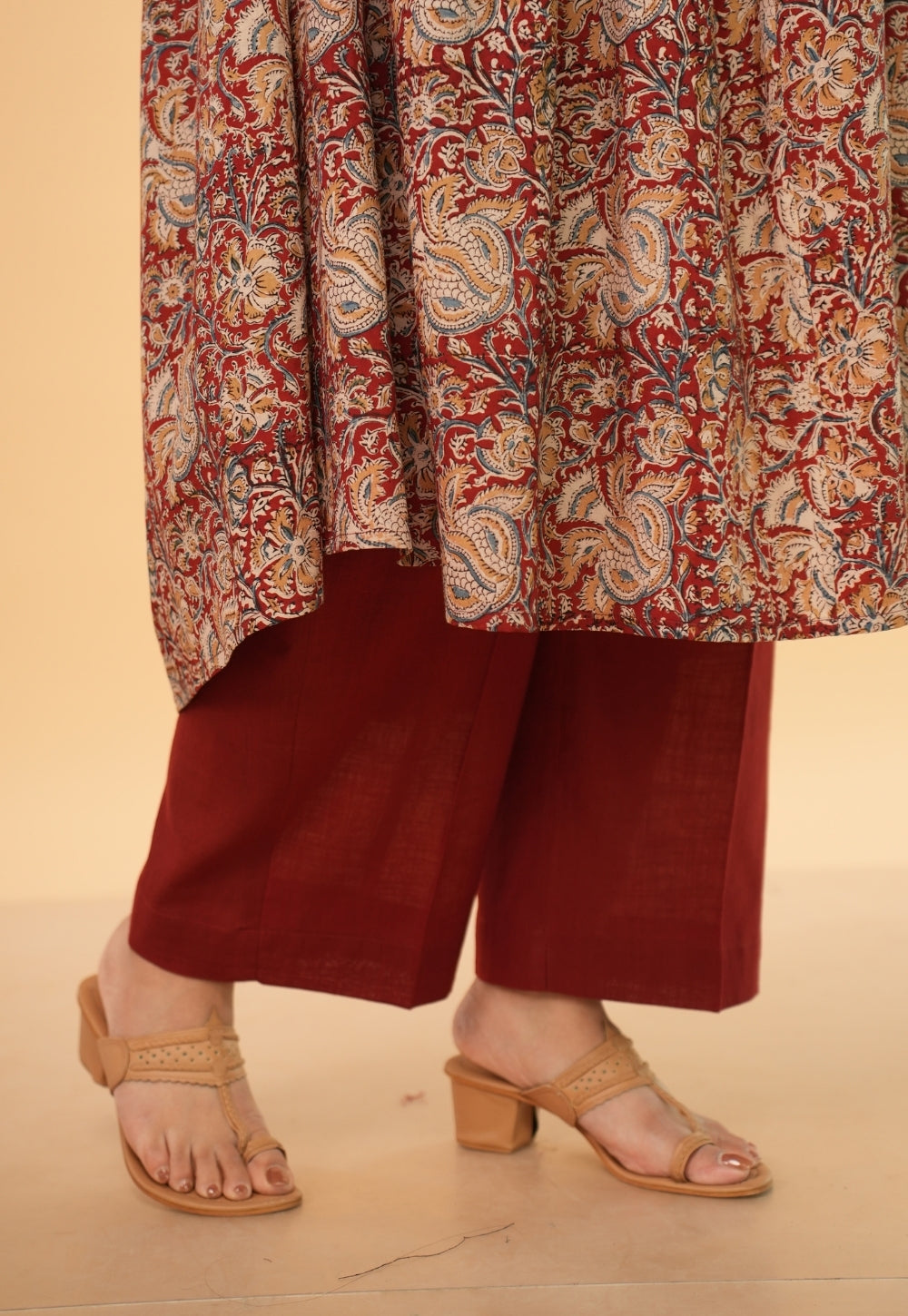 Yashi Red Solid Slub Cotton Straight Pant