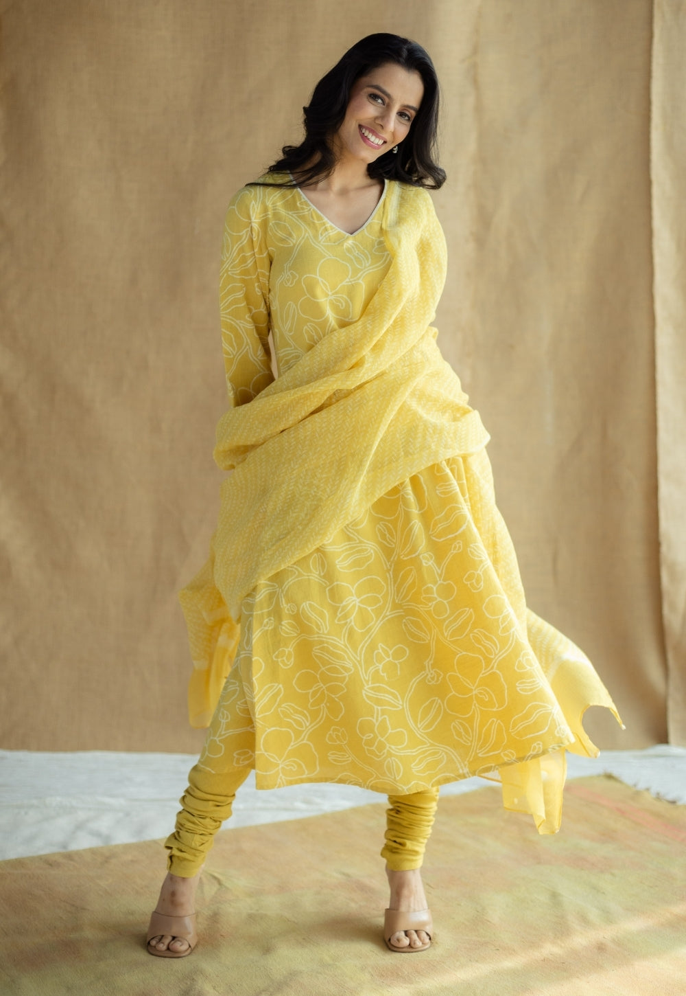 Zoya Mustard Hand Block Print Slub Cotton A Line Kurta with Hand Embroidery