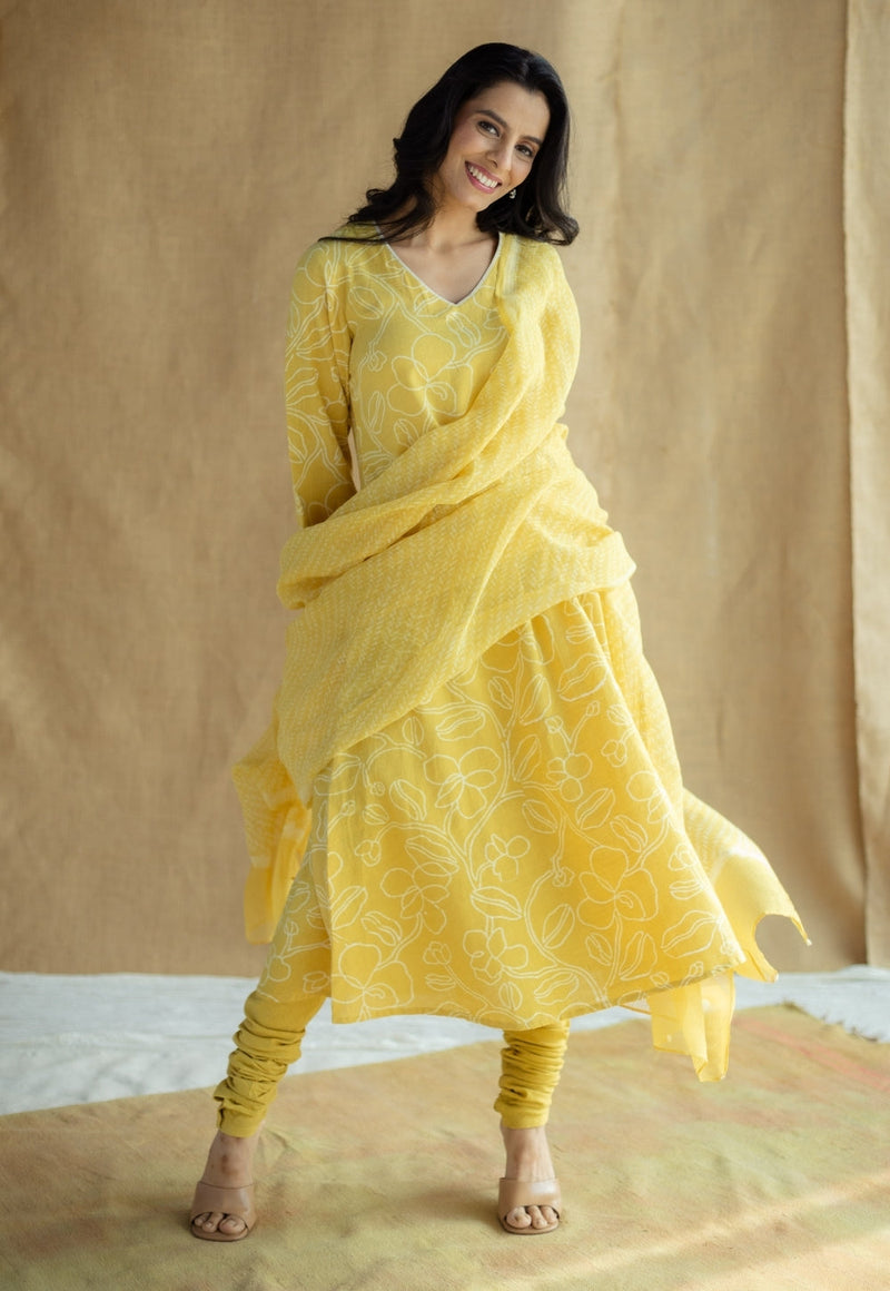 Zoya Mustard Hand Block Print Slub Cotton A Line Kurta with Hand Embroidery