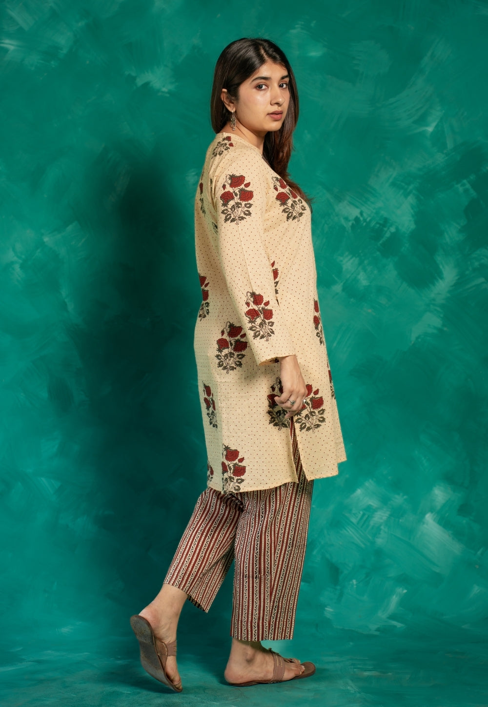 Insiya Beige Bagru Cotton Straight Short Top