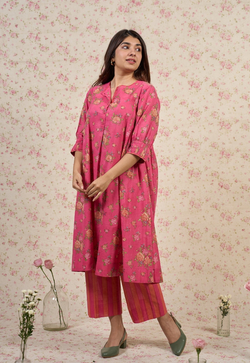 Rosie Pink Sanganeri Mul Cotton A Line Kurta