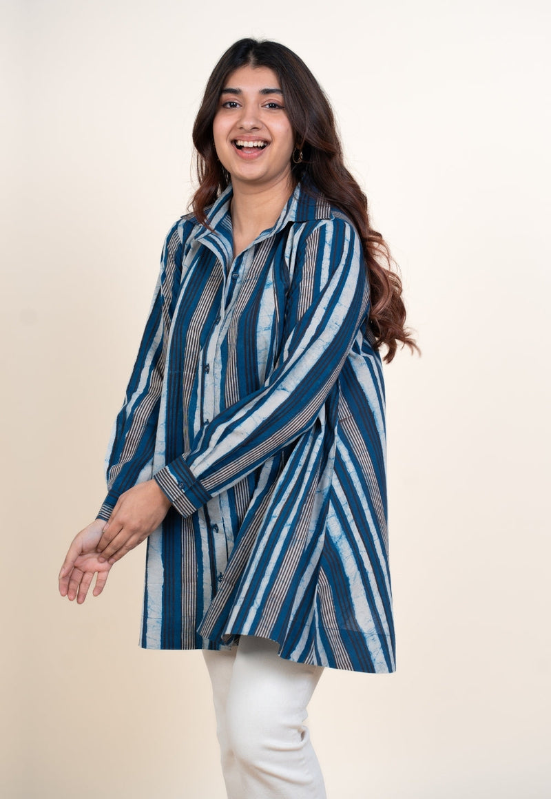 Zaria Blue Dabu Cotton A Line Short Top