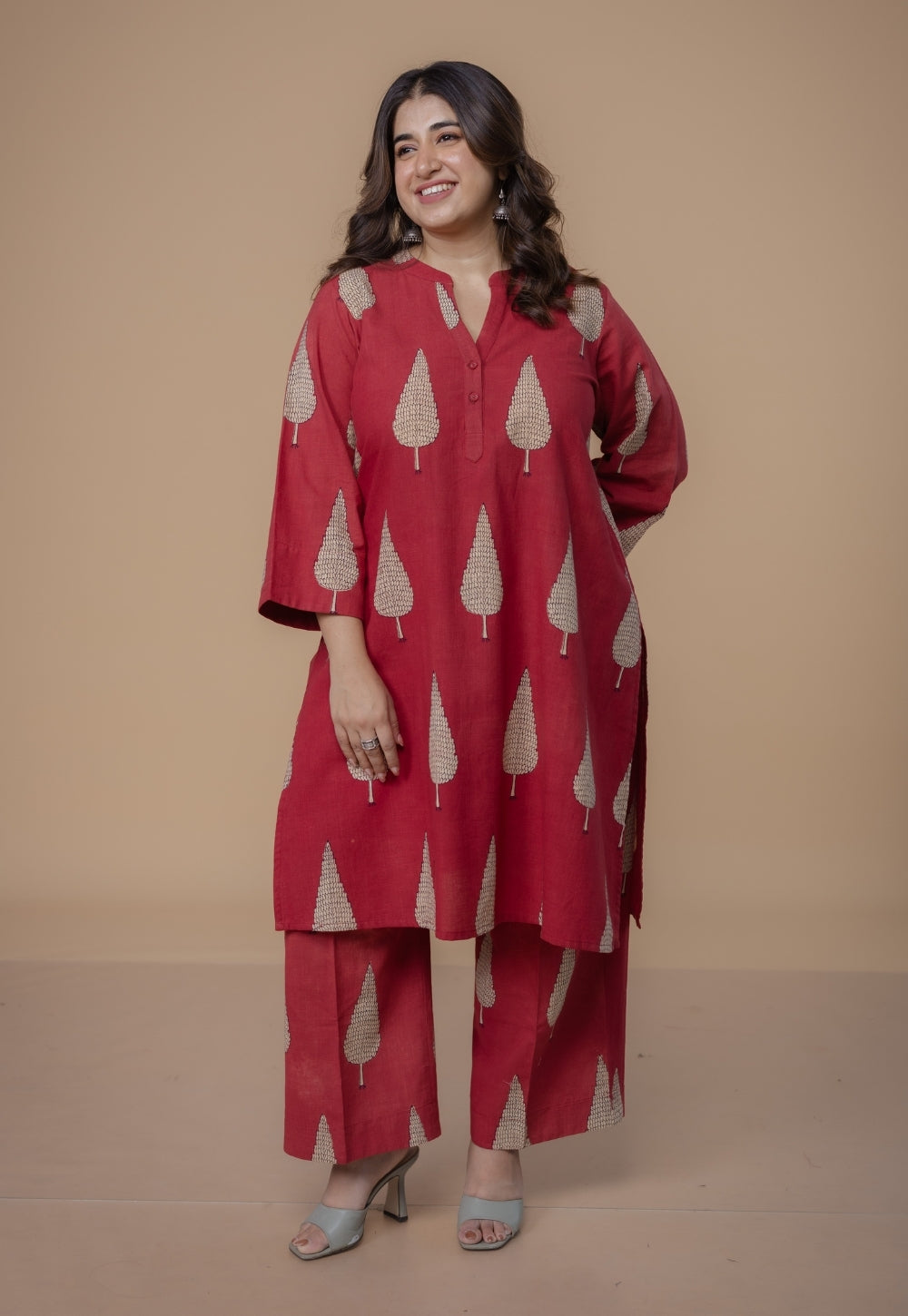 Nysa Red Dabu Slub Cotton Straight Co-Ord Set
