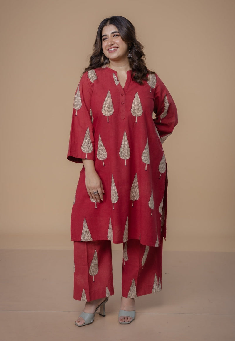 Nysa Red Dabu Slub Cotton Straight Co-Ord Set