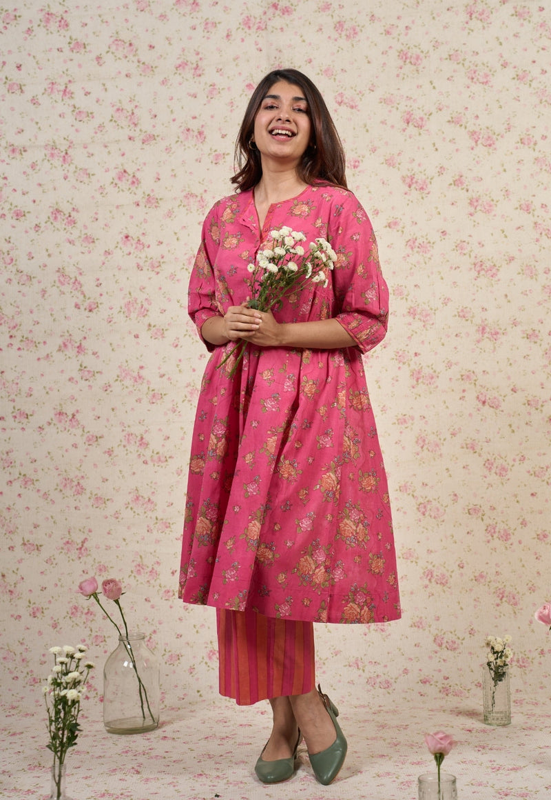 Rosie Pink Sanganeri Mul Cotton A Line Kurta