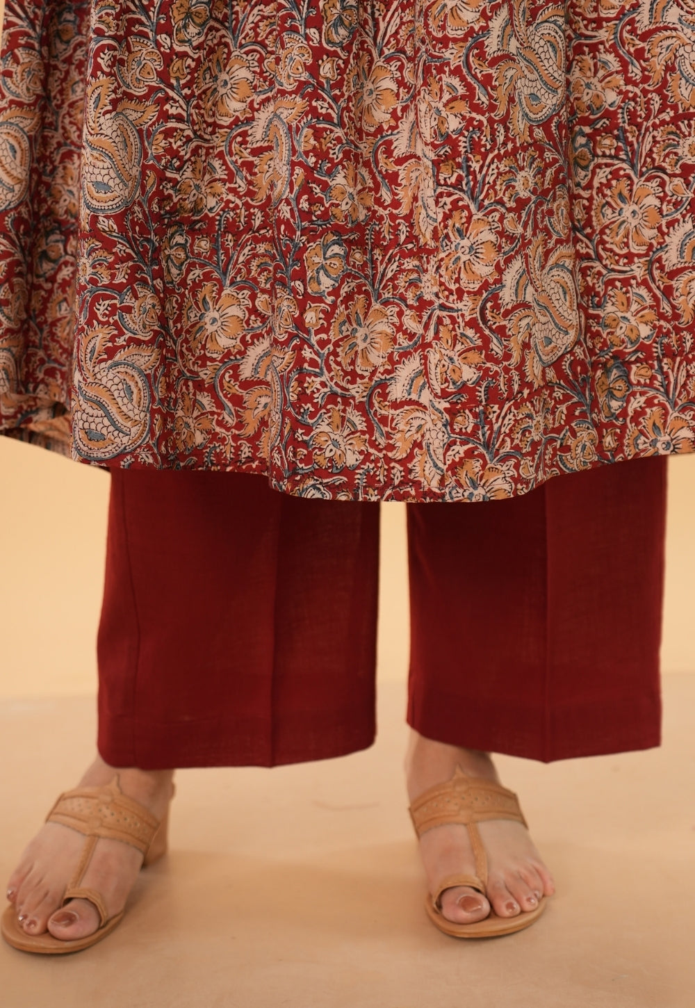 Yashi Red Solid Slub Cotton Straight Pant