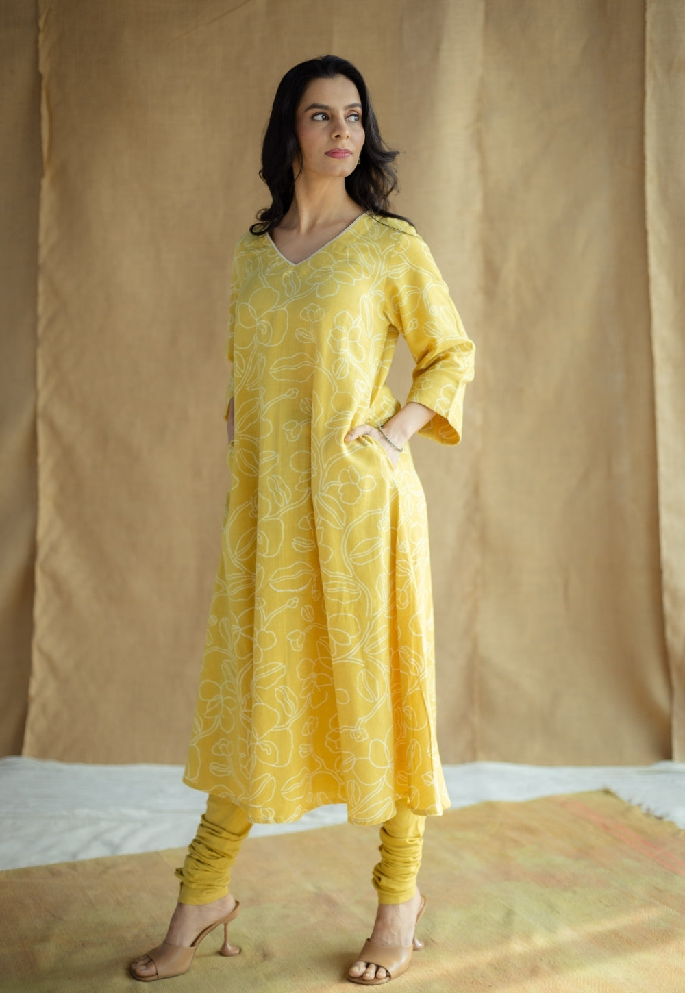 Zoya Mustard Hand Block Print Slub Cotton A Line Kurta with Hand Embroidery