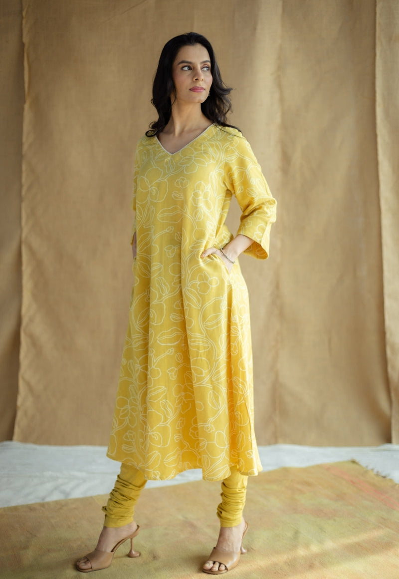 Zoya Mustard Hand Block Print Slub Cotton A Line Kurta with Hand Embroidery