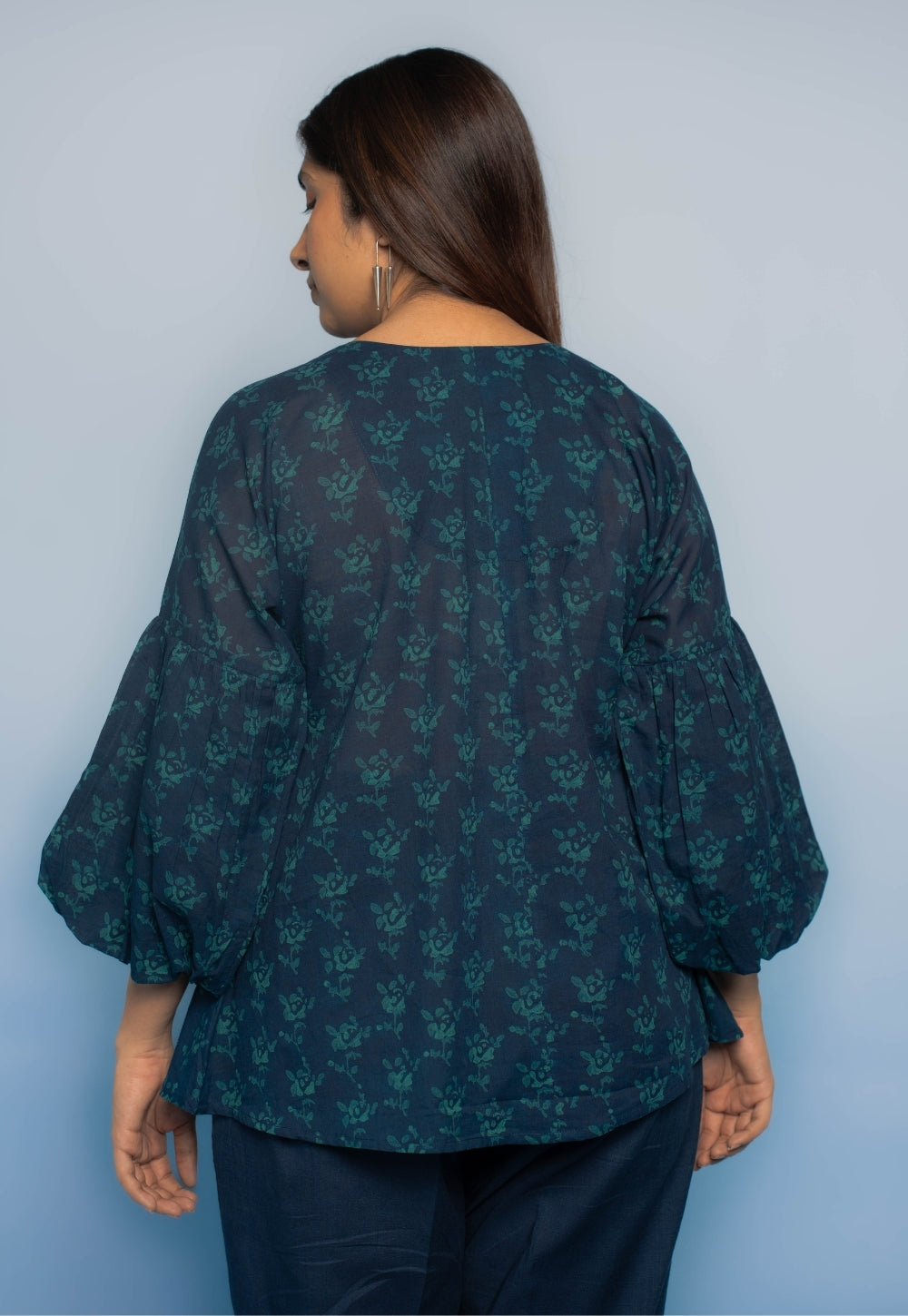 Aafiya Blue Dabu Mul Cotton A Line Short Top