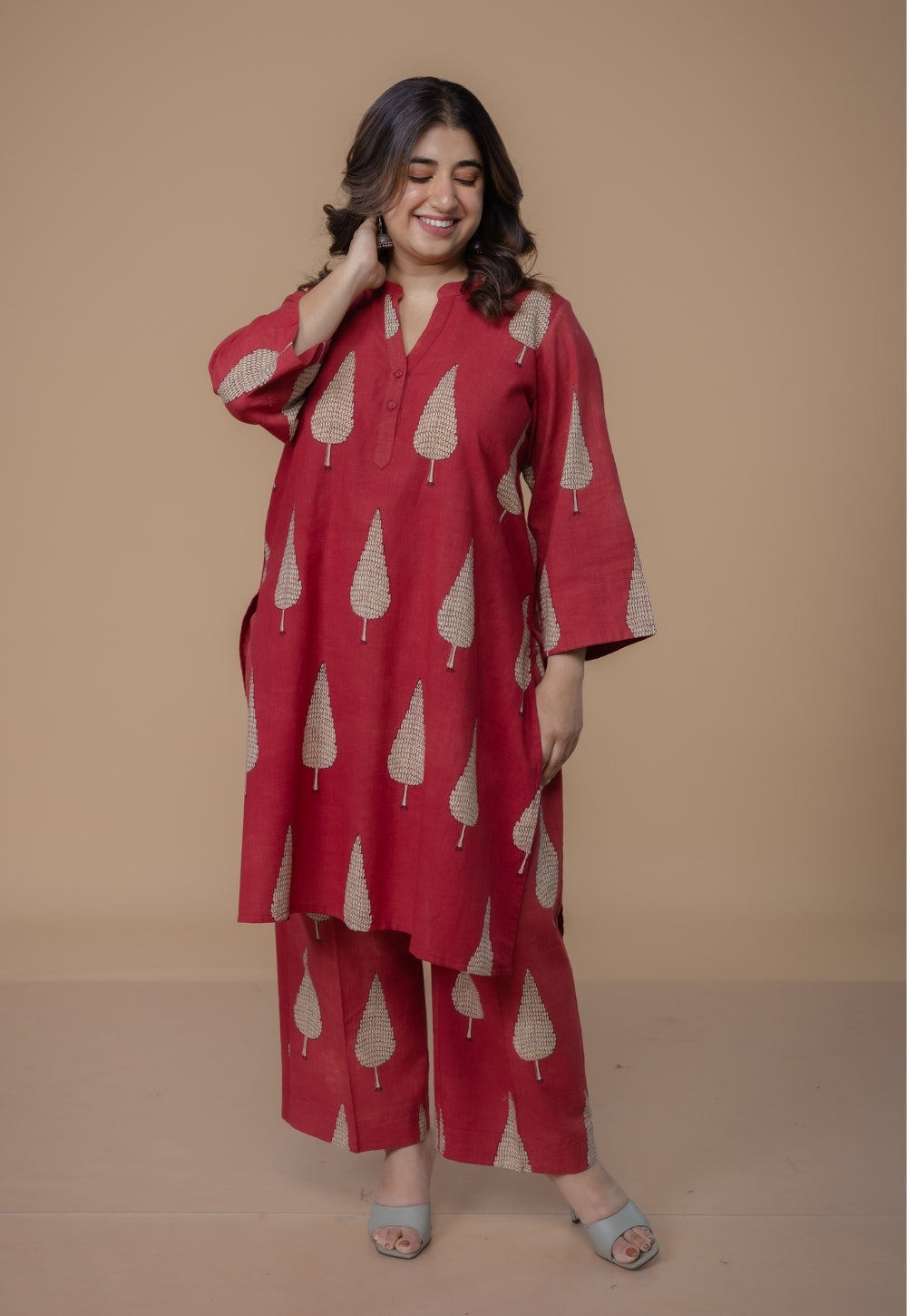 Nysa Red Dabu Slub Cotton Straight Co-Ord Set