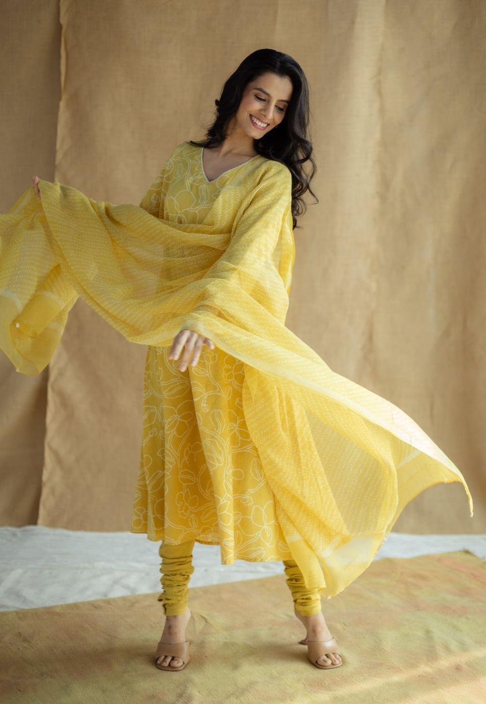 Zoya Mustard Hand Block Print Slub Cotton A Line Kurta with Hand Embroidery