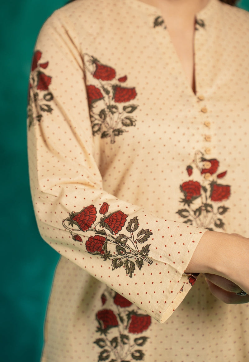 Insiya Beige Bagru Cotton Straight Short Top