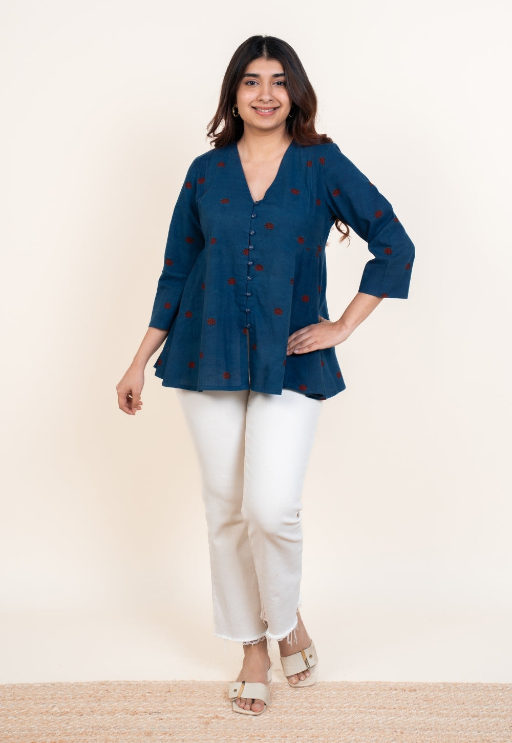 Yuvika Blue Ajrakh Cotton A Line Short Top