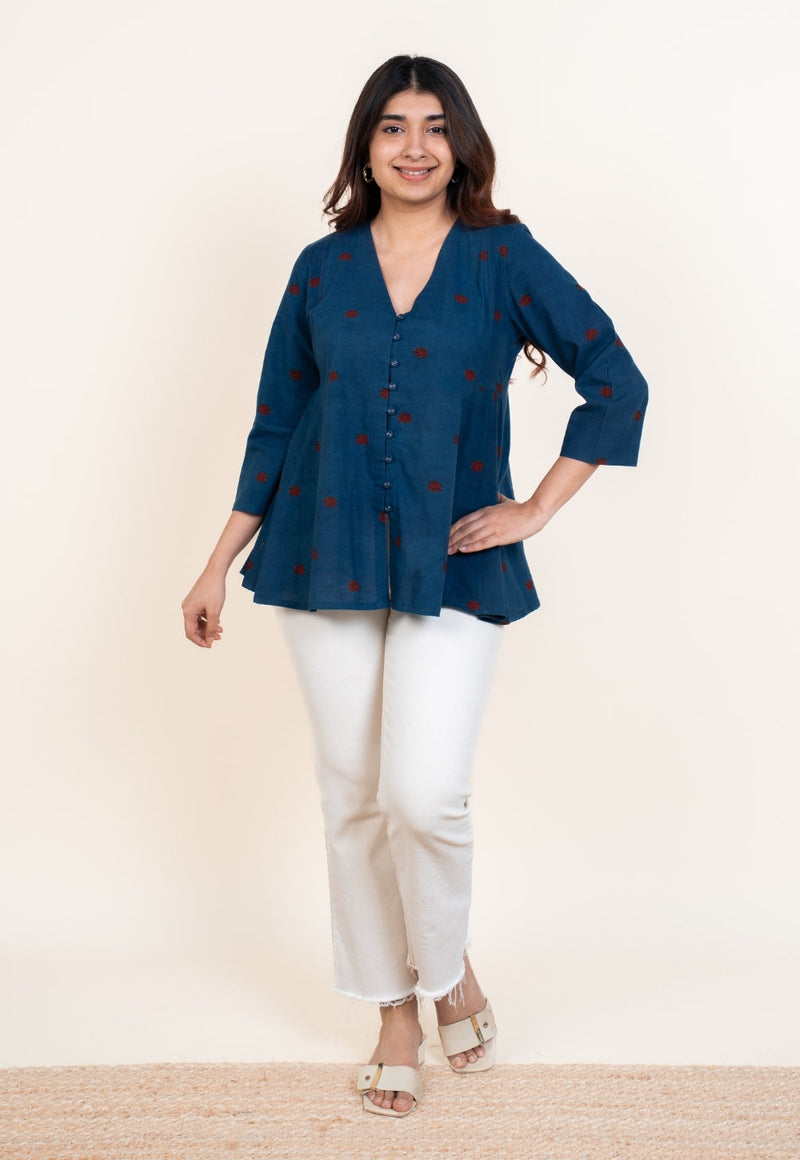 Yuvika Blue Ajrakh Cotton A Line Short Top