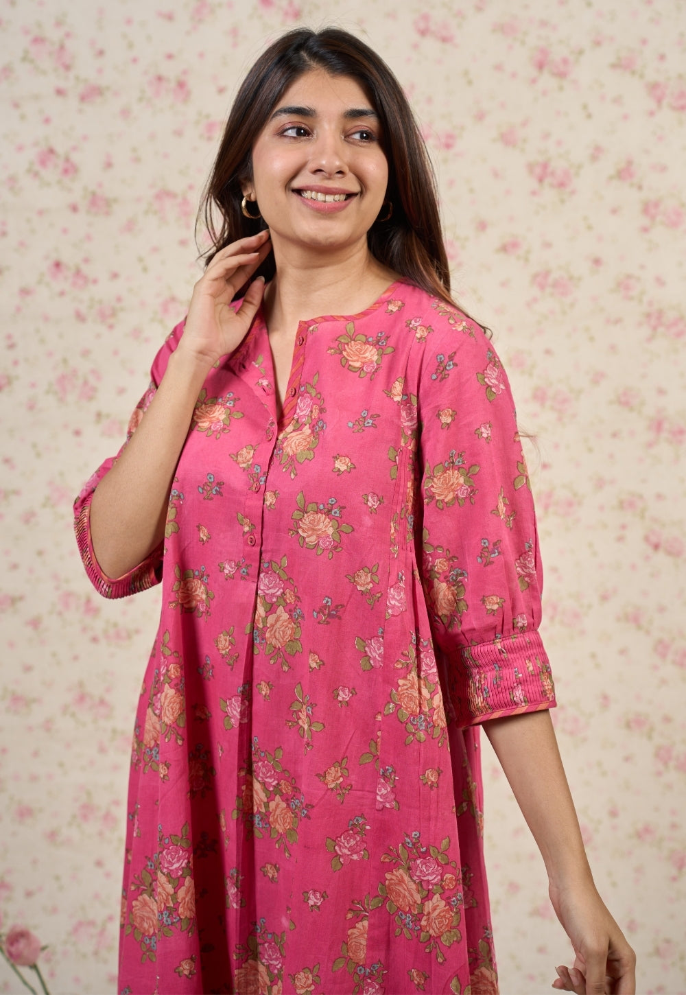 Rosie Pink Sanganeri Mul Cotton A Line Kurta