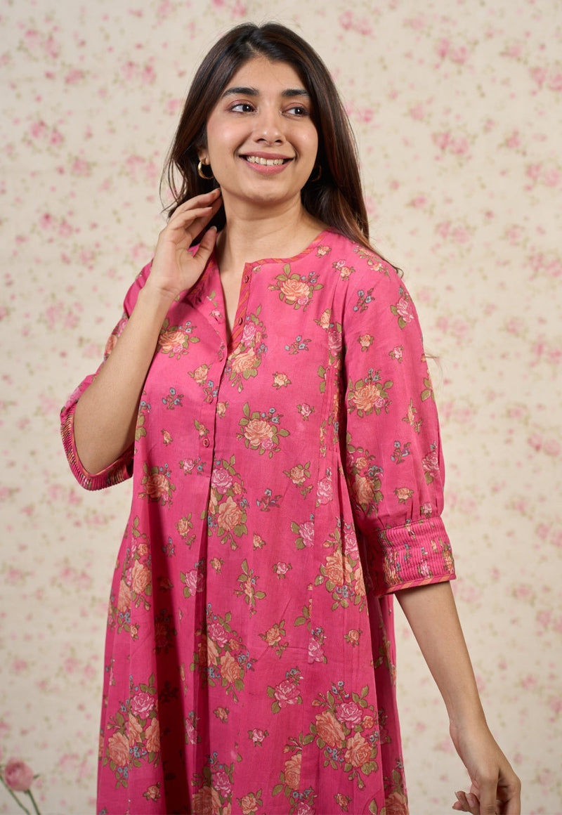 Rosie Pink Sanganeri Mul Cotton A Line Kurta