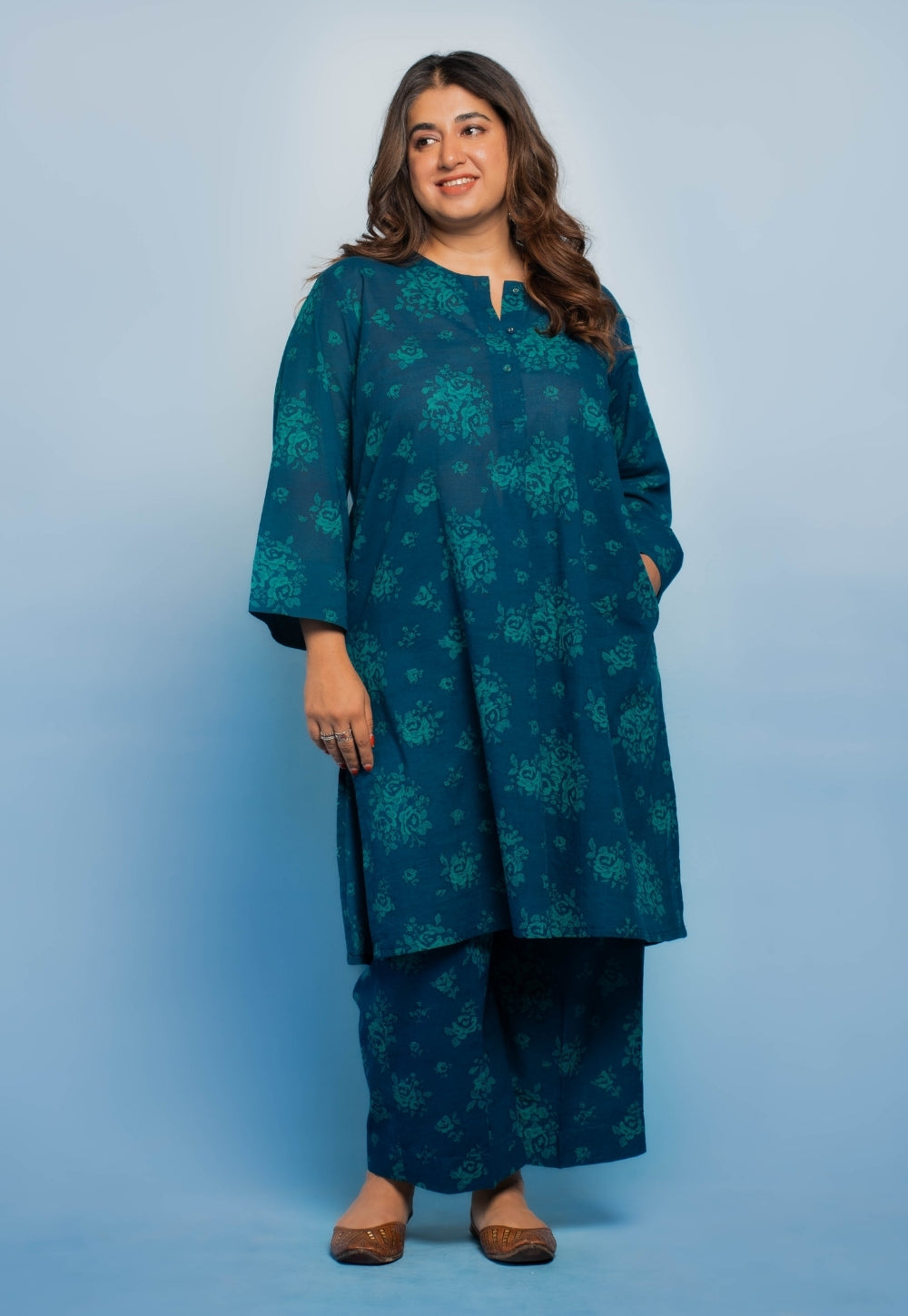 Harshi Blue Dabu Mul Cotton Straight Co-Ord Set