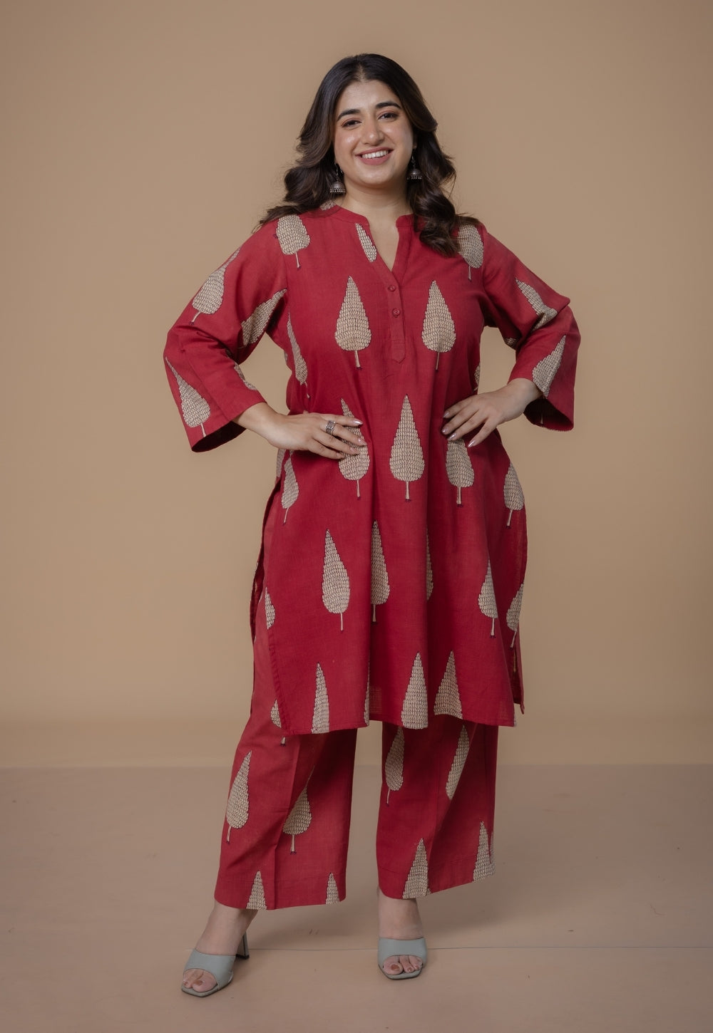Nysa Red Dabu Slub Cotton Straight Co-Ord Set