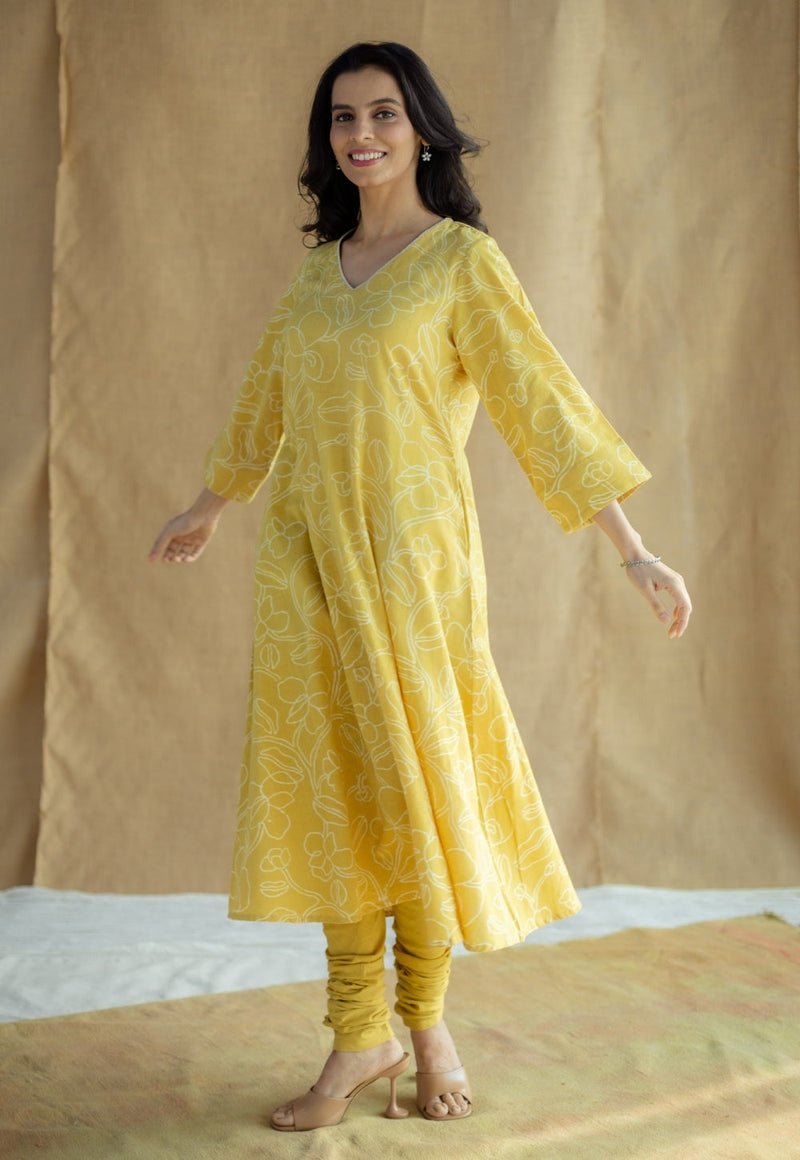 Zoya Mustard Hand Block Print Slub Cotton A Line Kurta with Hand Embroidery