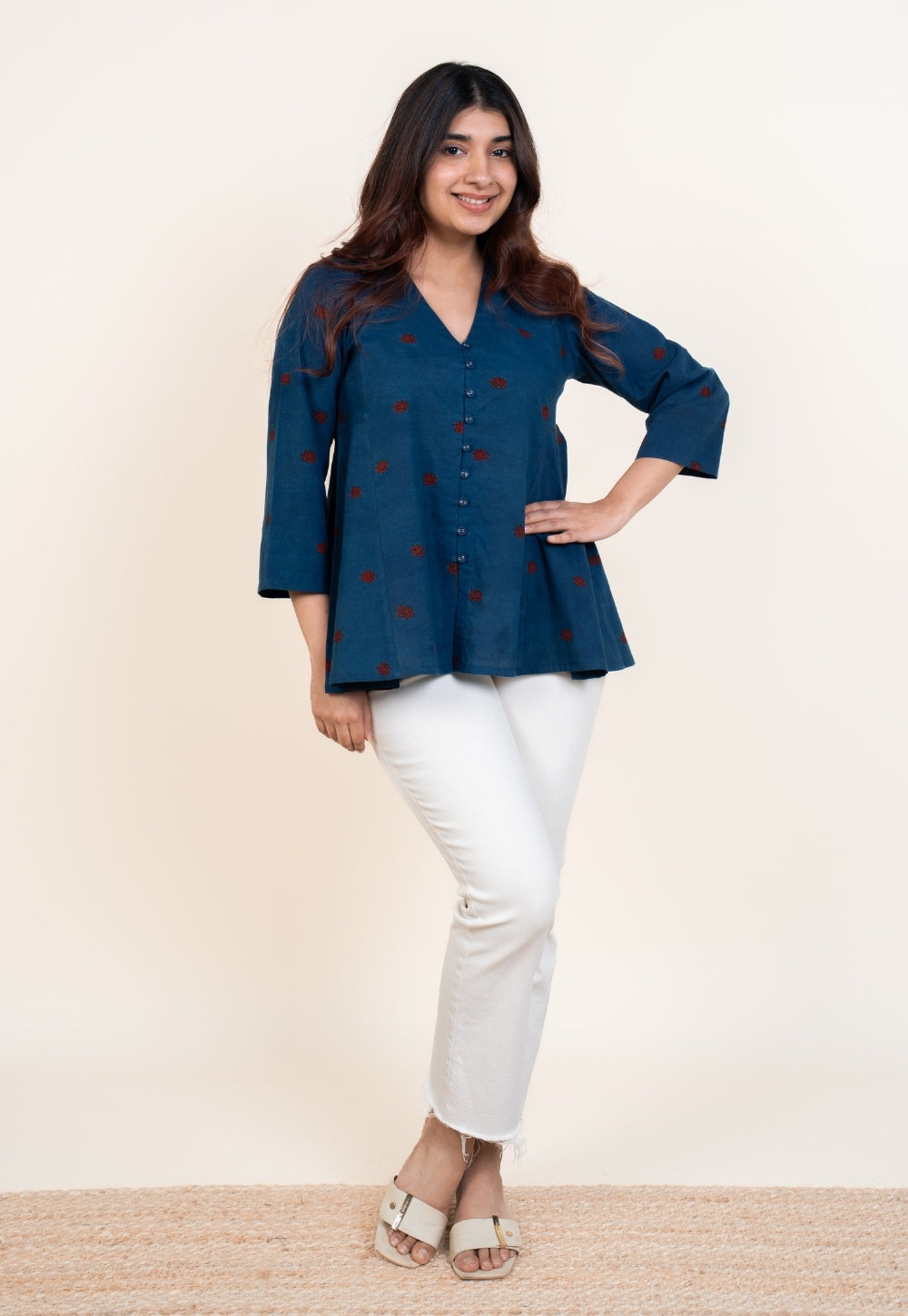 Yuvika Blue Ajrakh Cotton A Line Short Top