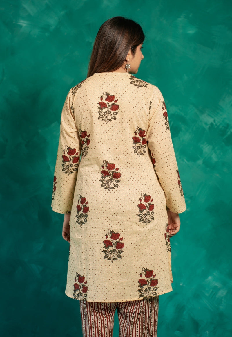 Insiya Beige Bagru Cotton Straight Short Top