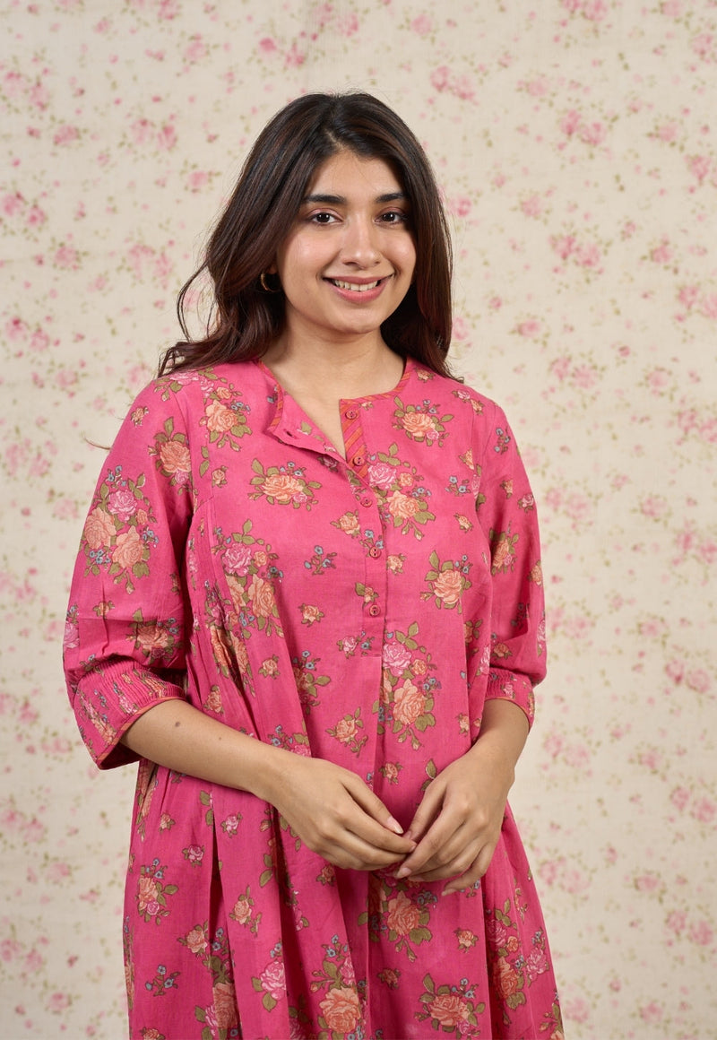 Rosie Pink Sanganeri Mul Cotton A Line Kurta
