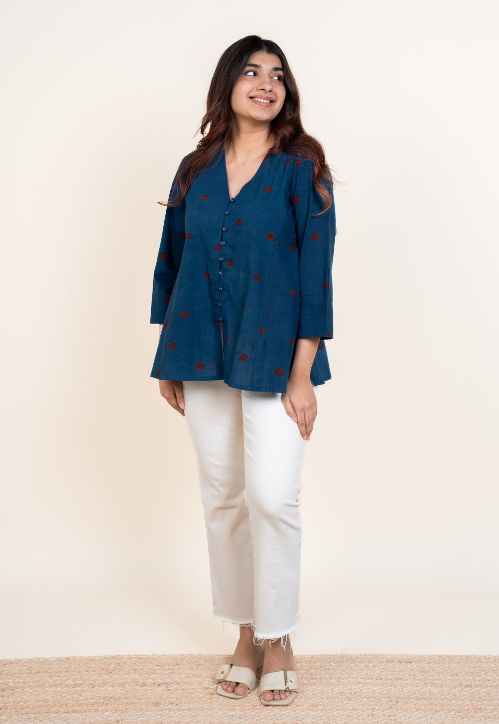 Yuvika Blue Ajrakh Cotton A Line Short Top