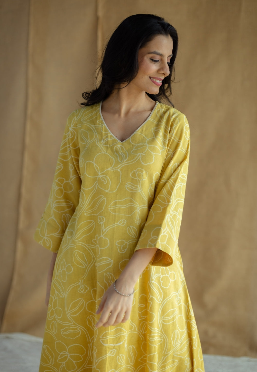 Zoya Mustard Hand Block Print Slub Cotton A Line Kurta with Hand Embroidery