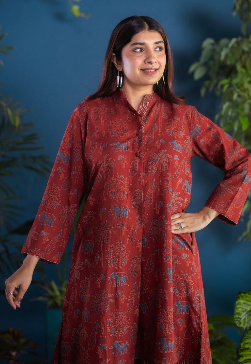 Ruhaina Red Ajrakh Cotton Straight Kurta