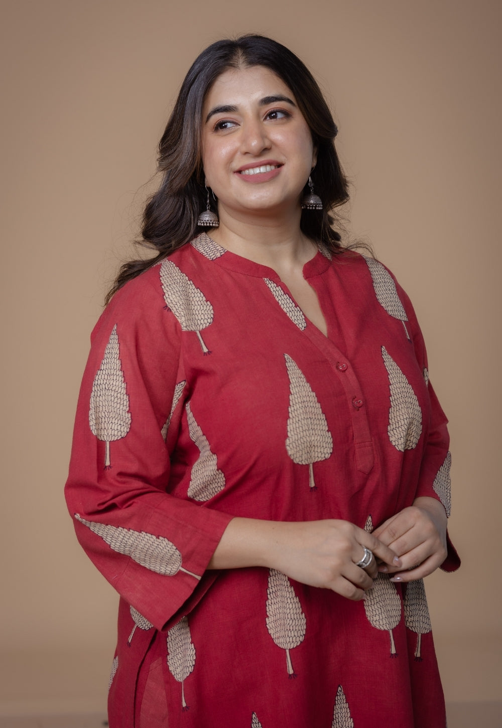 Nysa Red Dabu Slub Cotton Straight Co-Ord Set