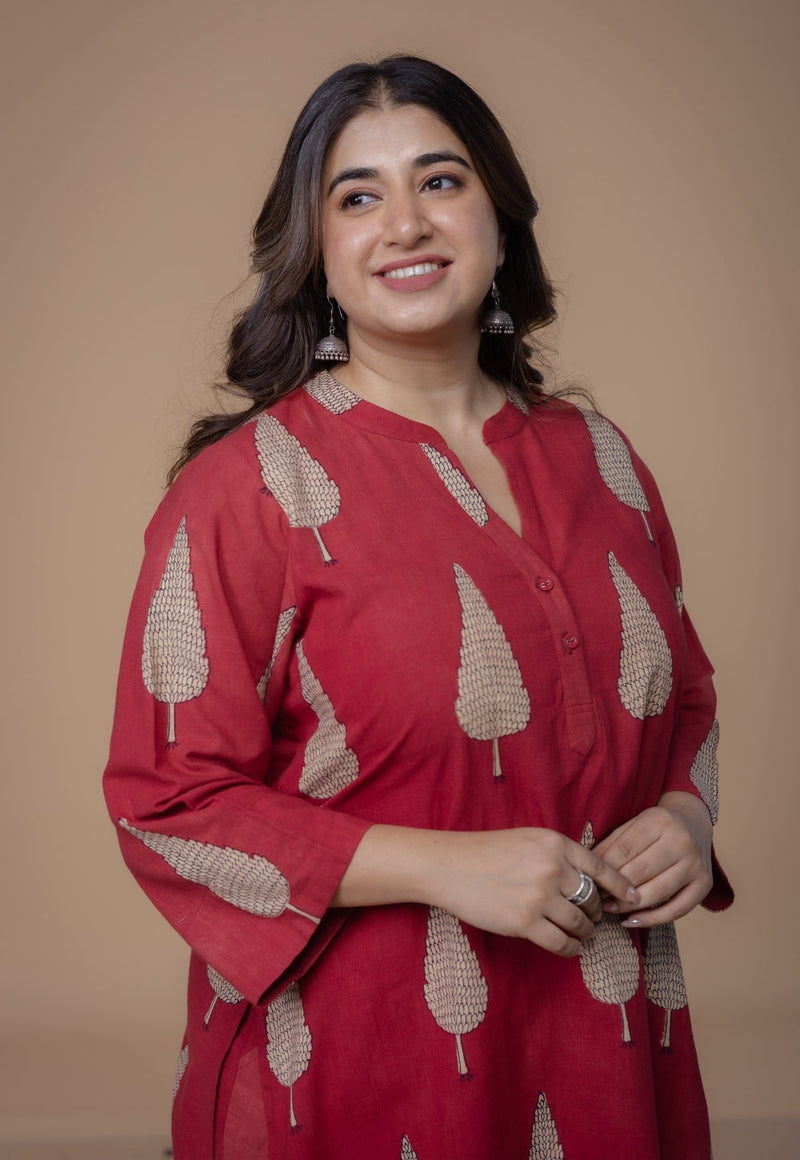 Nysa Red Dabu Slub Cotton Straight Co-Ord Set