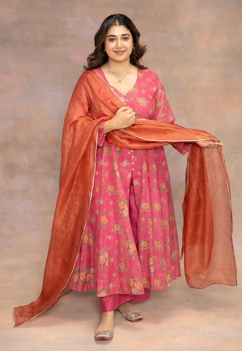 Rosaline Pink Sanganeri Chanderi Silk Kali Kurta with Hand Embroidery