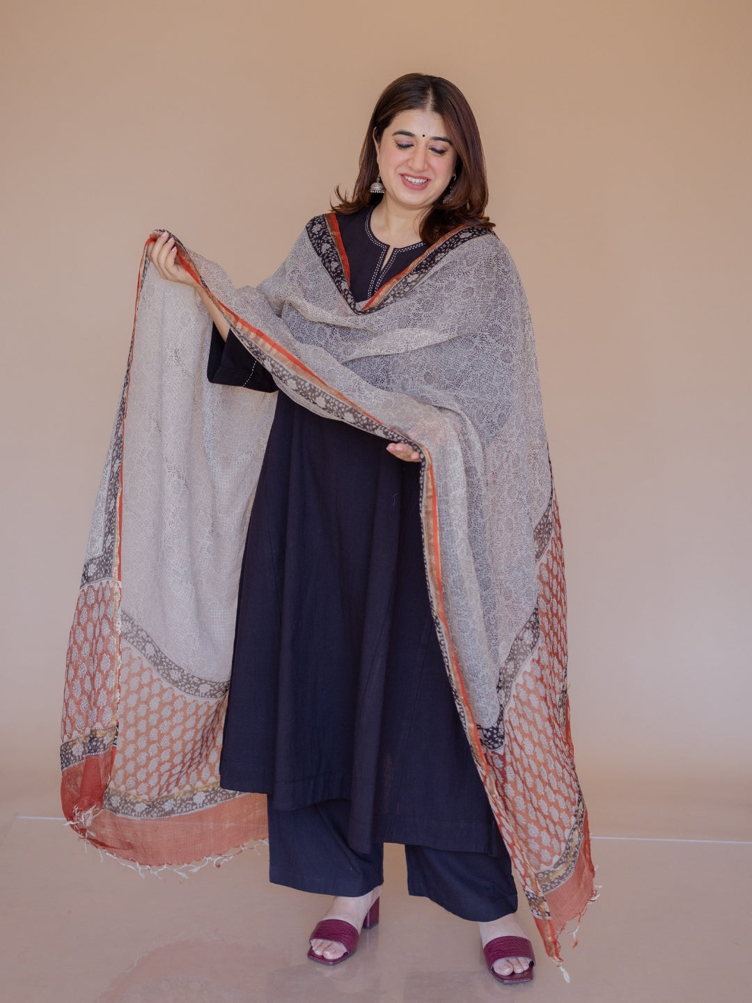 Nyra Black Solid Slub Cotton Jhabbha Kali Kurta with Hand Embroidery