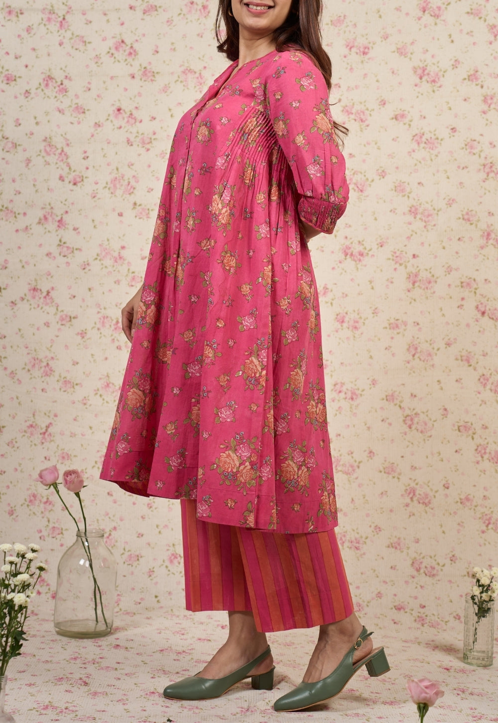 Rosie Pink Sanganeri Mul Cotton A Line Kurta