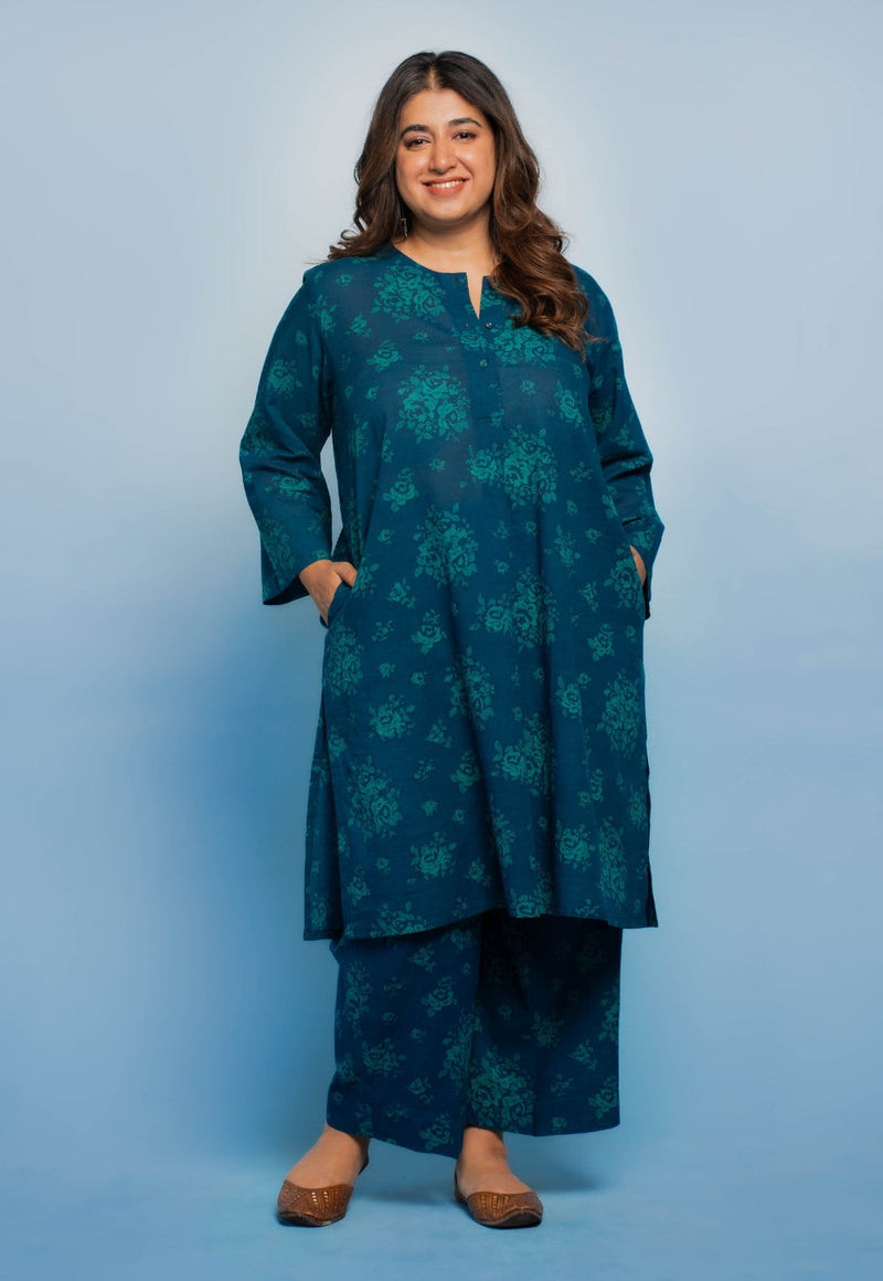 Harshi Blue Dabu Mul Cotton Straight Co-Ord Set
