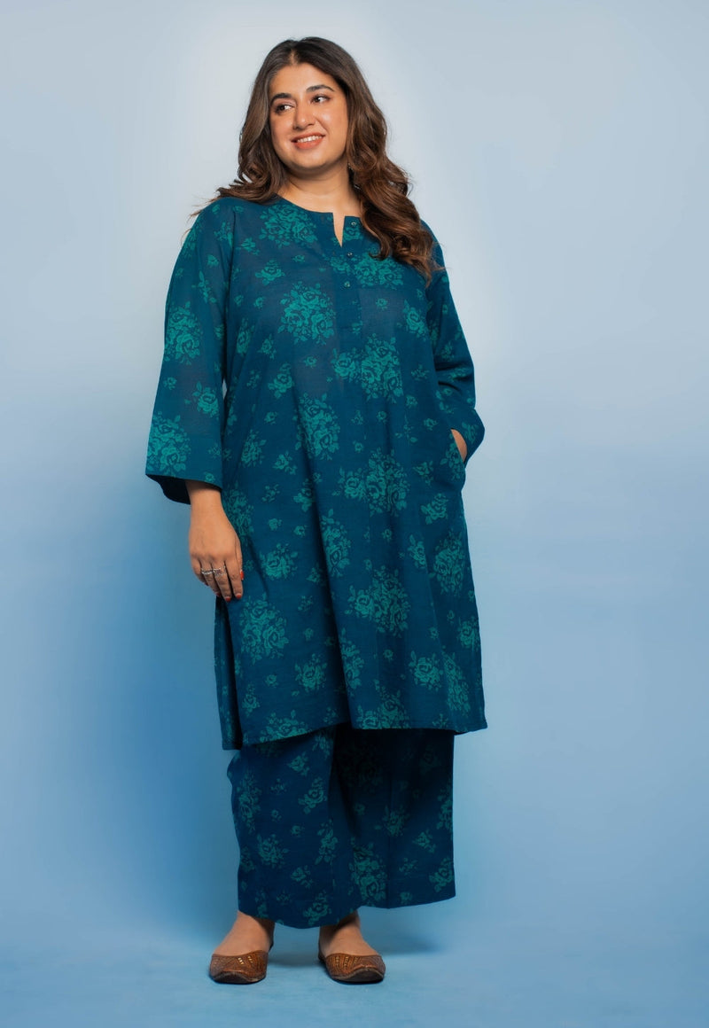 Harshi Blue Dabu Mul Cotton Straight Co-Ord Set