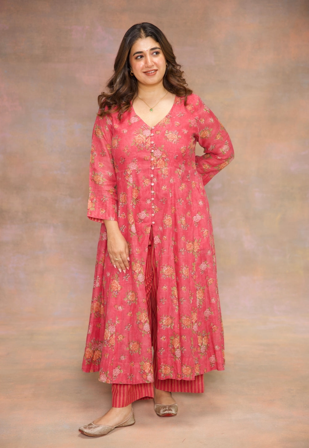 Rosaline Pink Sanganeri Chanderi Silk Kali Kurta with Hand Embroidery