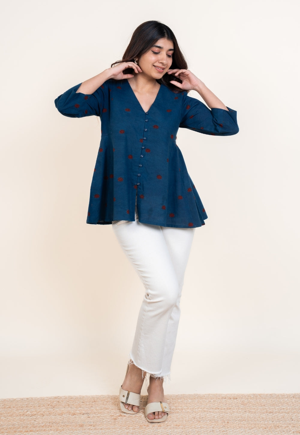Yuvika Blue Ajrakh Cotton A Line Short Top