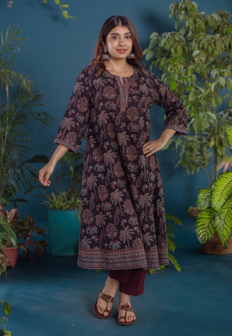 Ireen Black Ajrakh Cotton A Line Kurta