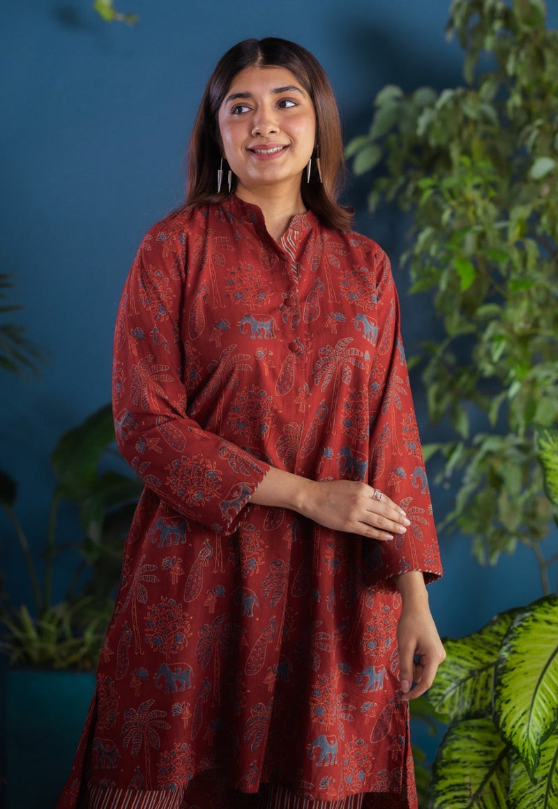 Ruhaina Red Ajrakh Cotton Straight Kurta